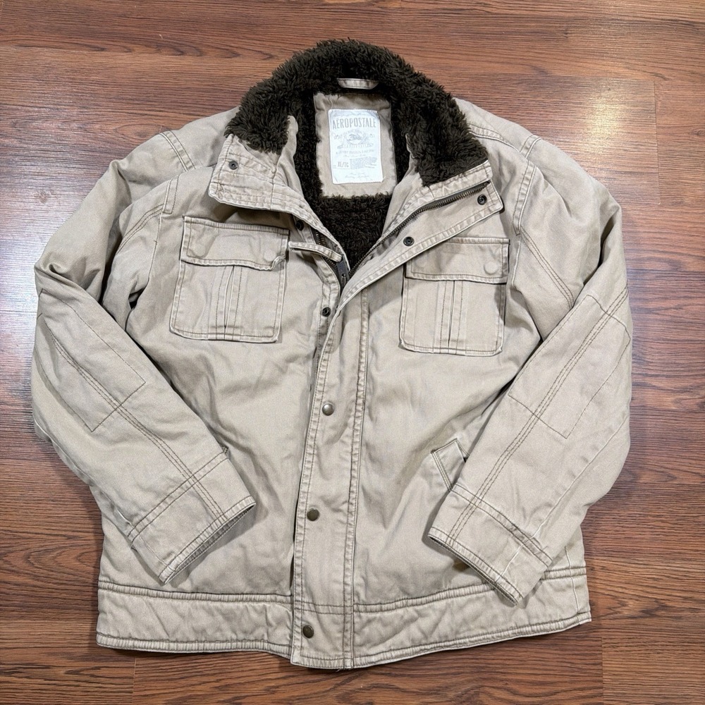 Vtg Aeropostale Jacket Mens Khaki Sherpa Lined Adirondack Coat Y2K Distressed XL